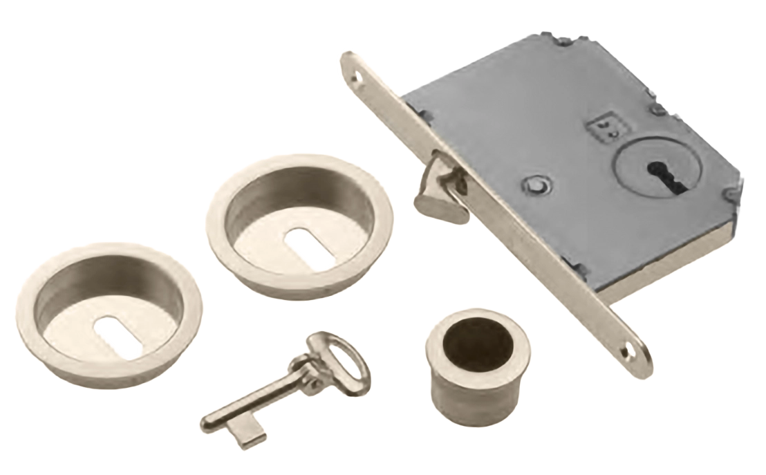 Set of sliding door rose ART.54/B NIS with flush pull, lock and key, colour - satin nickel image buy World