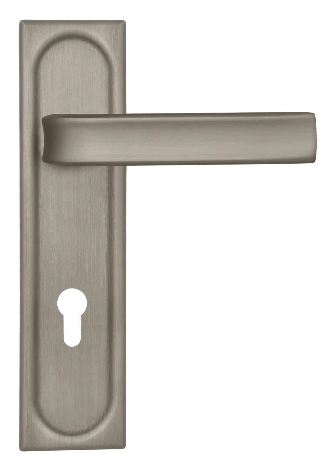 Door Handle, THE BUS STATION PLS KH SMI on backplate for a lock cylinder, color Spring Mist image buy World