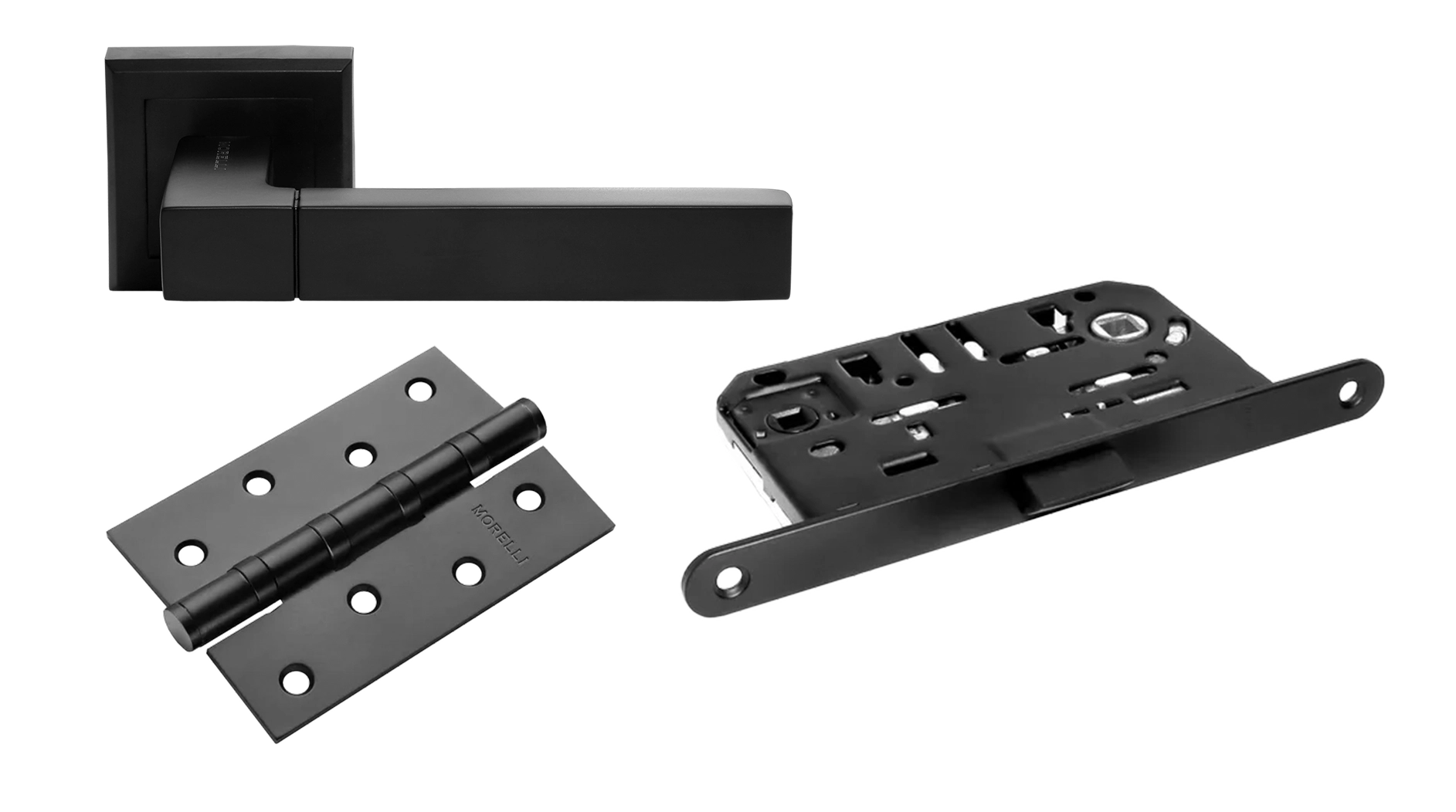 Door Handle Set MH-28 BL-S + 1895P BL Silent Latch + MSN 100X70X2.5-4BB BL Universal Mortise Hinges (2 pcs)