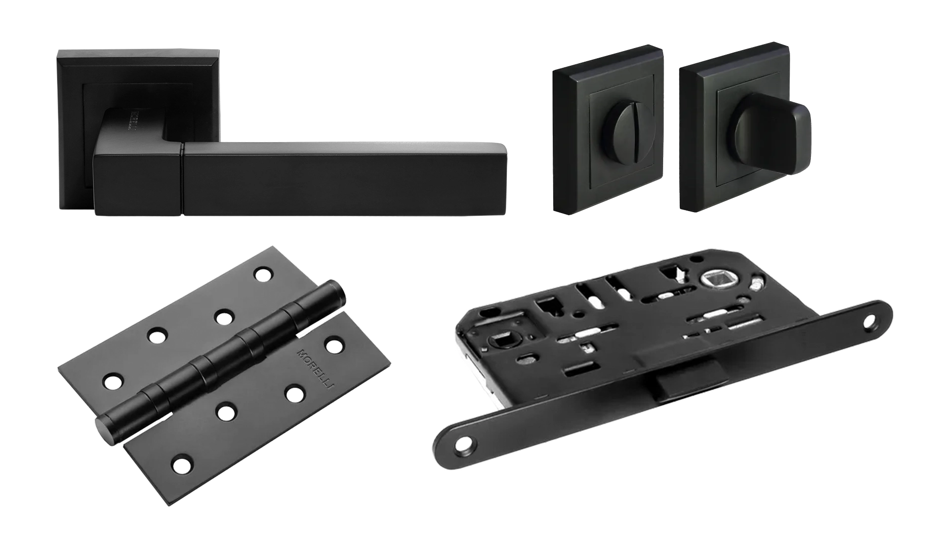 Door Handle Set MH-28 BL-S + WC knob MH-WC-S BL + 1895P BL Silent Latch + MSN 100X70X2.5-4BB BL Universal Mortise Hinges (2 pcs)