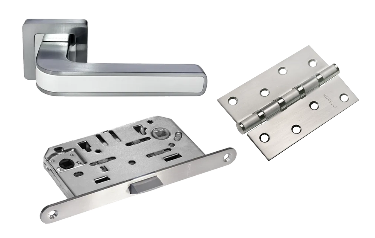 Door Handle Set MH-46 SC/W-S55 + 1895P SC Silent Latch + MSN 100X70X2.5-4BB SC Universal Mortise Hinges (2 pcs)
