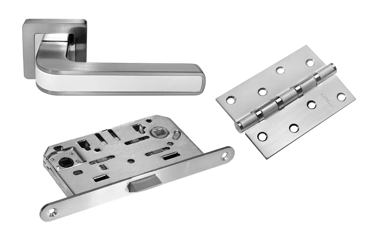 Door Handle Set MH-46 SC/W-S55 + WC knob MH-WC-S55 SC/CP + 1895P SC Silent Latch + MSN 100X70X2.5-4BB SC Universal Mortise Hinges (2 pcs)