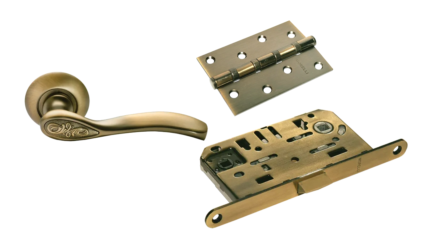 Door Handle Set MH-36 COF + 1895P AB Silent Latch + MSN 100X70X2.5-4BB COF Universal Mortise Hinges (2 pcs)