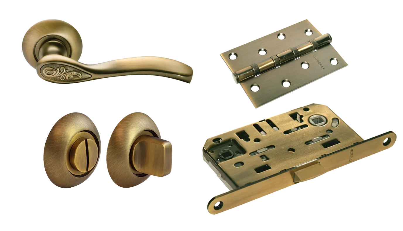 Door Handle Set MH-36 COF + MH-WC COF + 1895P AB Silent Latch + MSN 100X70X2.5-4BB COF Universal Mortise Hinges (2 pcs)