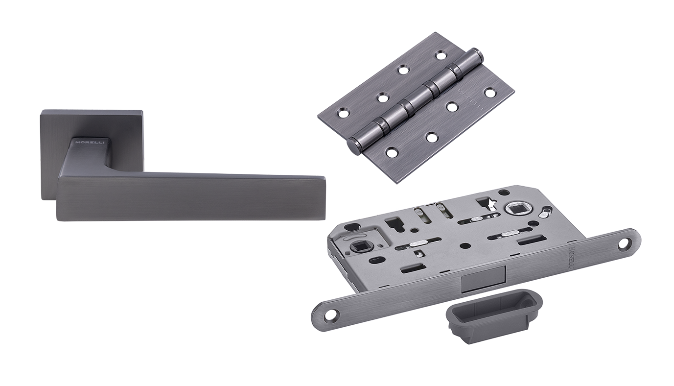 Door Handle Set MH-54-S6 GR + 1895P GR Silent Latch + MSN 100X70X2.5-4BB GR Universal Mortise Hinges (2 pcs)