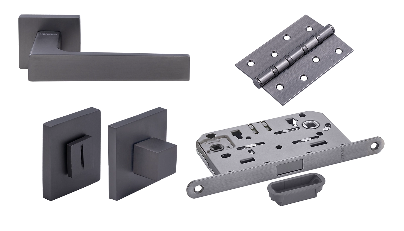 Door Handle Set MH-54-S6 GR + MH-WC-S6 GR + M1895P GR Silent Latch + MSN 100X70X2.5-4BB GR Universal Mortise Hinges (2 pcs)