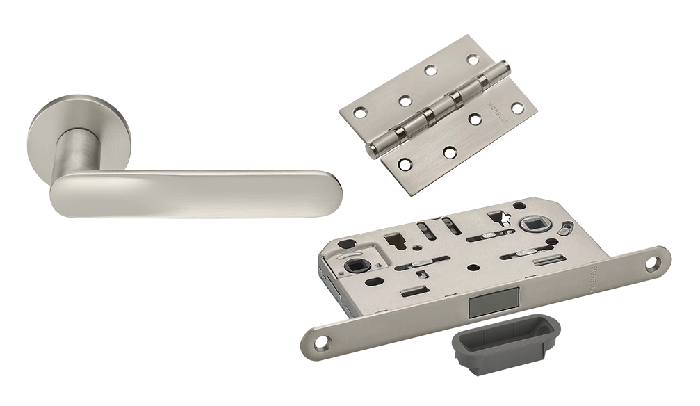 Door Handle Set MH-59-R6 MSN + M1895 MSN Silent Latch + MSN 100X70X2.5-4BB MSN Universal Mortise Hinges (2 pcs)