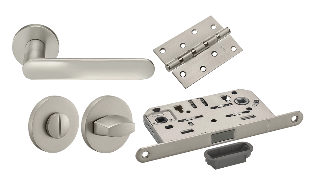 Door Handle Set MH-59-R6 MSN + MH-WC-R6 MSN + M1895 MSN Silent Latch + MSN 100X70X2.5-4BB MSN Universal Mortise Hinges (2 pcs)