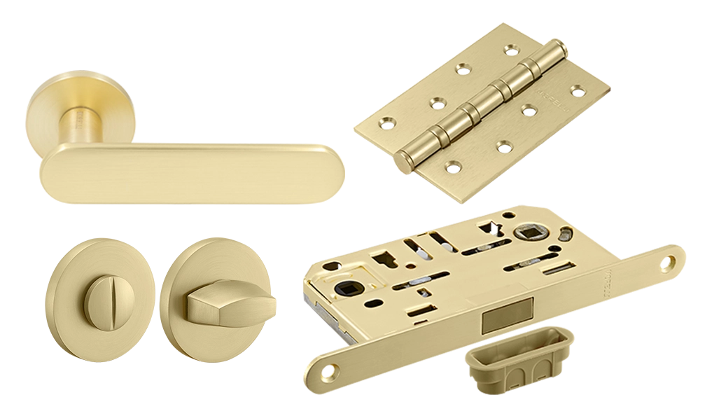 Door Handle Set MH-65-R6 MSG + MH-WC-R6 MSG + M1895 MSN Silent Latch + MSN 100X70X2.5-4BB MSG Universal Mortise Hinges (2 pcs)