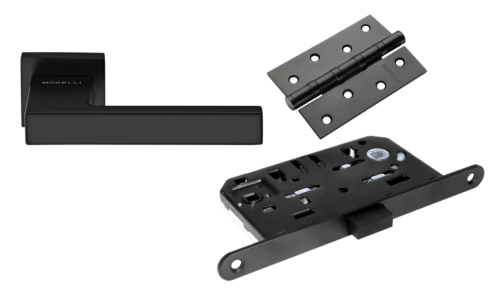 Door Handle Set MH-56-S6 BL + M1895 BL Silent Latch + MSN 100X70X2.5-4BB BL Universal Mortise Hinges (2 pcs)