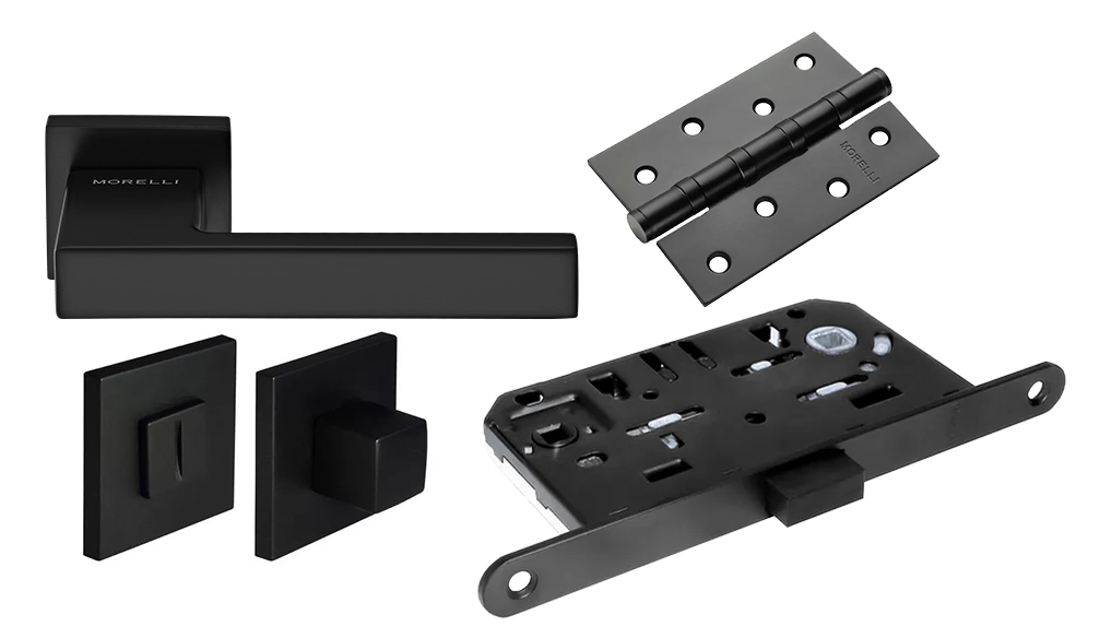 Door Handle Set MH-56-S6 BL + MH-WC-S6 BL + M1895 MSN Silent Latch + MSN 100X70X2.5-4BB BL Universal Mortise Hinges (2 pcs)