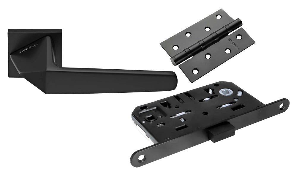 Door Handle Set MH-55-S6 BL + M1895 BL Silent Latch + MSN 100X70X2.5-4BB BL Universal Mortise Hinges (2 pcs)