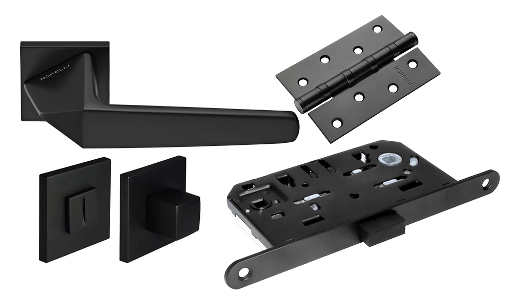 Door Handle Set MH-55-S6 BL + MH-WC-S6 BL + M1895 BL Silent Latch + MSN 100X70X2.5-4BB BL Universal Mortise Hinges (2 pcs)