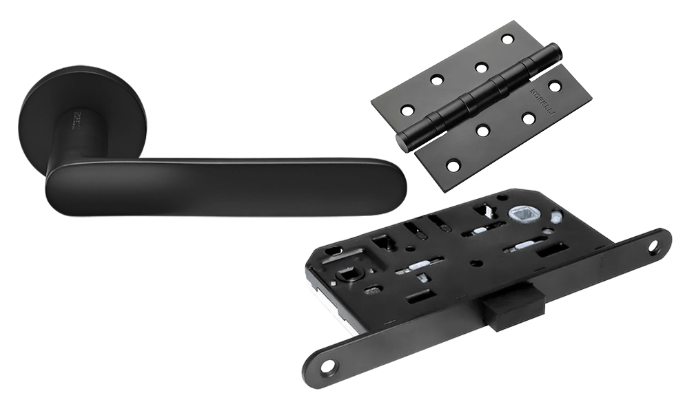 Door Handle Set MH-59-R6 BL + M1895 BL Silent Latch + MSN 100X70X2.5-4BB BL Universal Mortise Hinges (2 pcs)