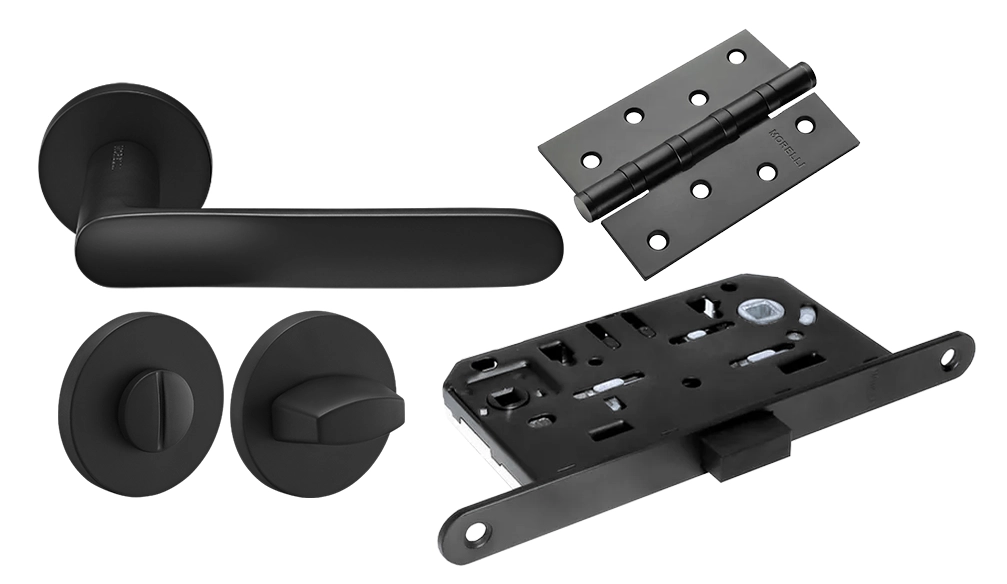 Door Handle Set MH-59-R6 BL + MH-WC-R6 BL + M1895 BL Silent Latch + MSN 100X70X2.5-4BB BL Universal Mortise Hinges (2 pcs)