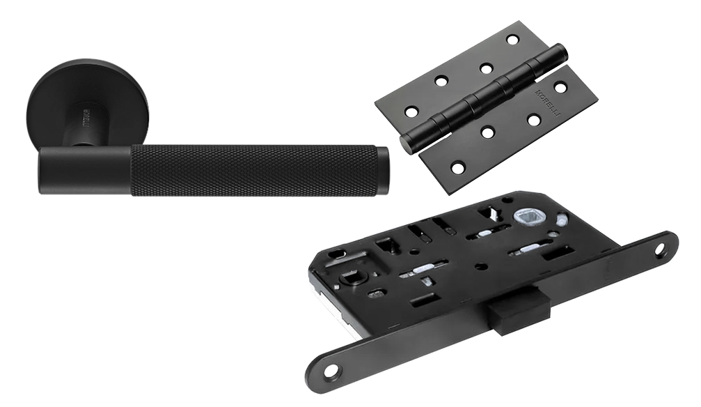 Door Handle Set MH-57-R6T BL + M1895 BL Silent Latch + MSN 100X70X2.5-4BB BL Universal Mortise Hinges (2 pcs)