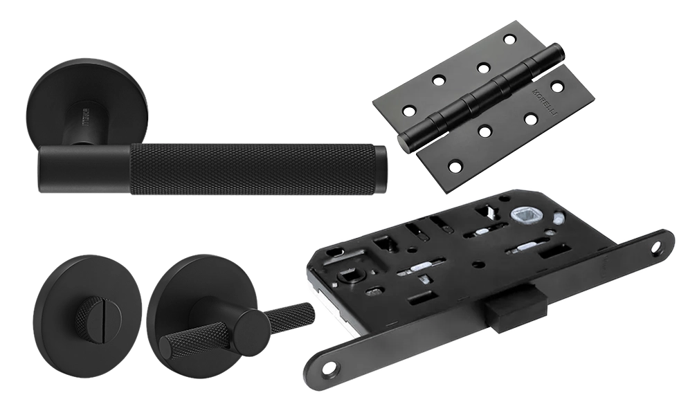 Door Handle Set MH-59-R6 BL + MH-WC-R6T BL + M1895 BL Silent Latch + MSN 100X70X2.5-4BB BL Universal Mortise Hinges (2 pcs)