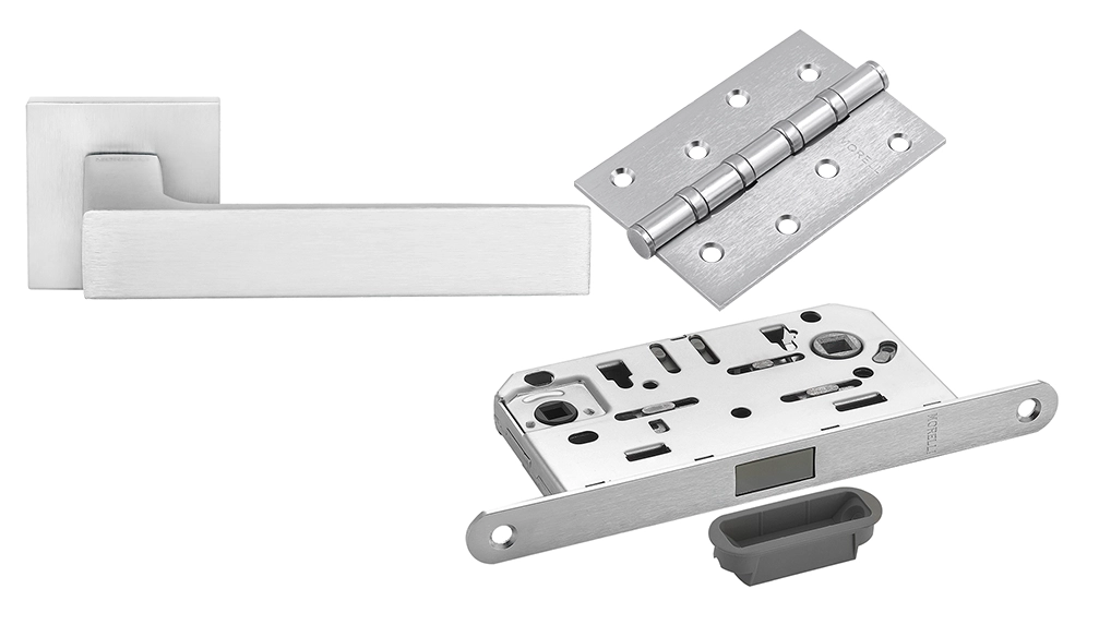 Door Handle Set MH-54-S6 SSC + M1895 SSC Silent Latch + MSN 100X70X2.5-4BB SSC Universal Mortise Hinges (2 pcs)