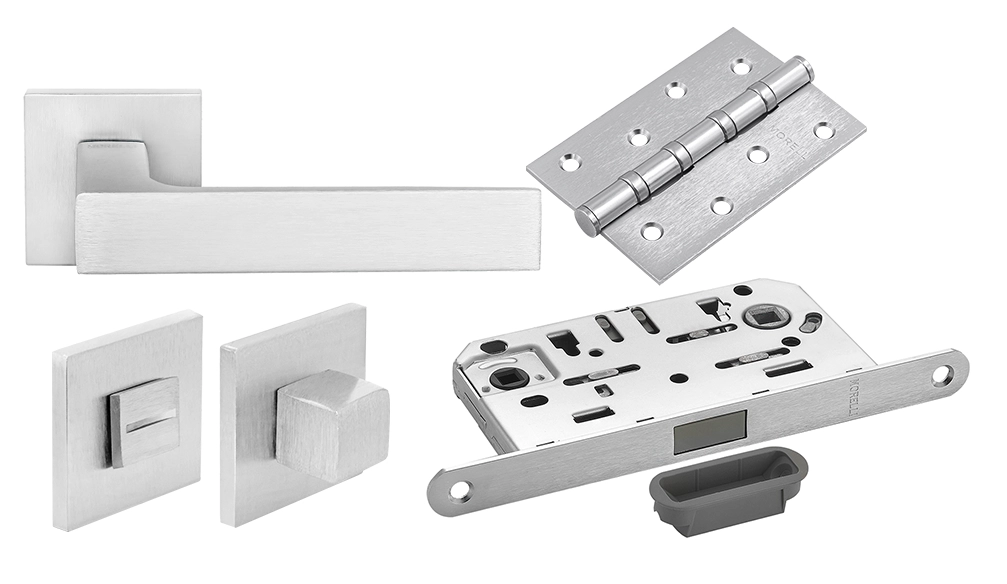 Door Handle Set MH-54-S6 SSC + MH-WC-S6 SSC + M1895 SSC Silent Latch + MSN 100X70X2.5-4BB SSC Universal Mortise Hinges (2 pcs)