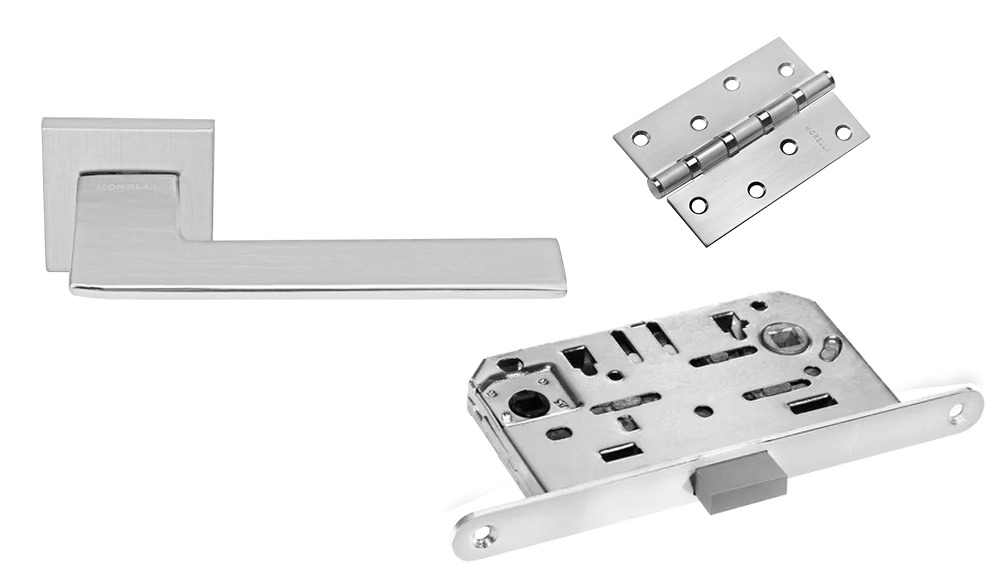 Door Handle Set MH-51-S6 SC + M1895 SC Silent Latch + MSN 100X70X2.5-4BB SC Universal Mortise Hinges (2 pcs)