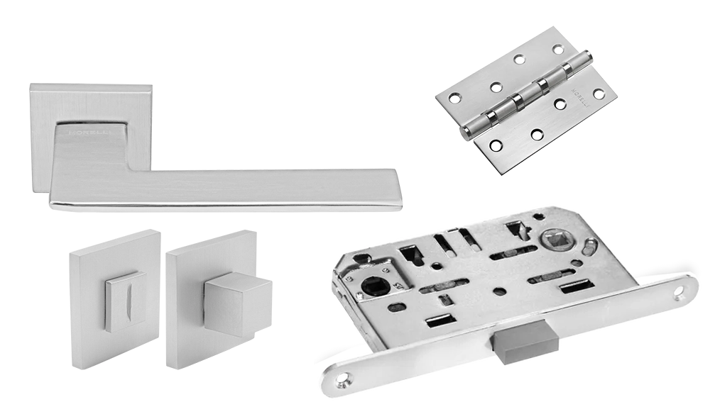 Door Handle Set MH-51-S6 SC + MH-WC-S6 SC + M1895 SC Silent Latch + MSN 100X70X2.5-4BB SC Universal Mortise Hinges (2 pcs)