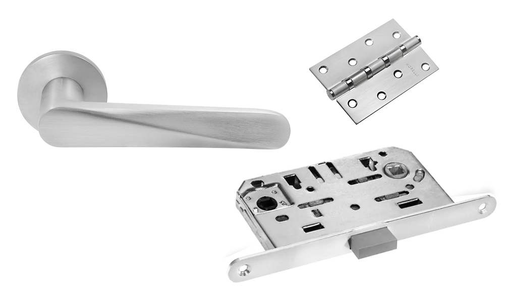 Door Handle Set MH-58-R6 SC + M1895 SC Silent Latch + MSN 100X70X2.5-4BB SC Universal Mortise Hinges (2 pcs)
