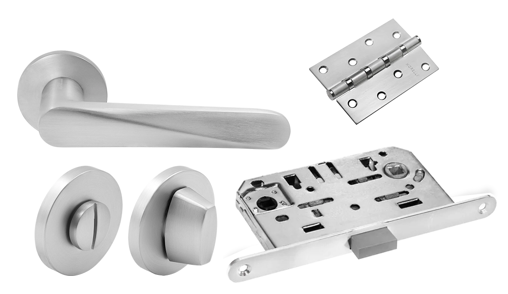 Door Handle Set MH-58-R6 SC + MH-WC-R6 SC + M1895 SC Silent Latch + MSN 100X70X2.5-4BB SC Universal Mortise Hinges (2 pcs)