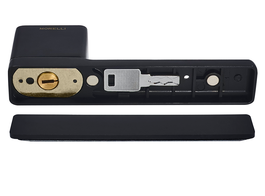 Door handle NEW ENGLAND MH-63-S50 WD BL on a hidden rectangular socket with a lock, for doors 50-65mm thick, color black image furniture World