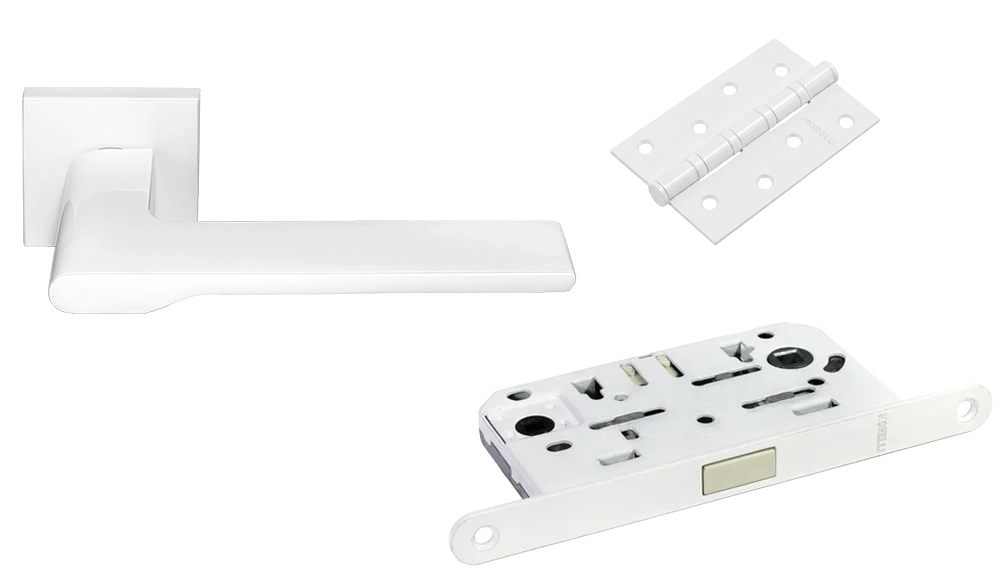 Door Handle Set MH-53-S6 W + M1895 W Silent Latch + MSN 100X70X2.5-4BB W Universal Mortise Hinges (2 pcs)