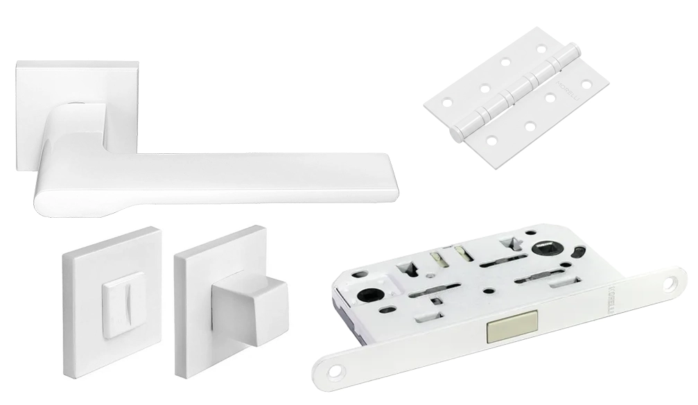 Door Handle Set MH-53-S6 W + MH-WC-S6 W + M1895 W Silent Latch + MSN 100X70X2.5-4BB W Universal Mortise Hinges (2 pcs)