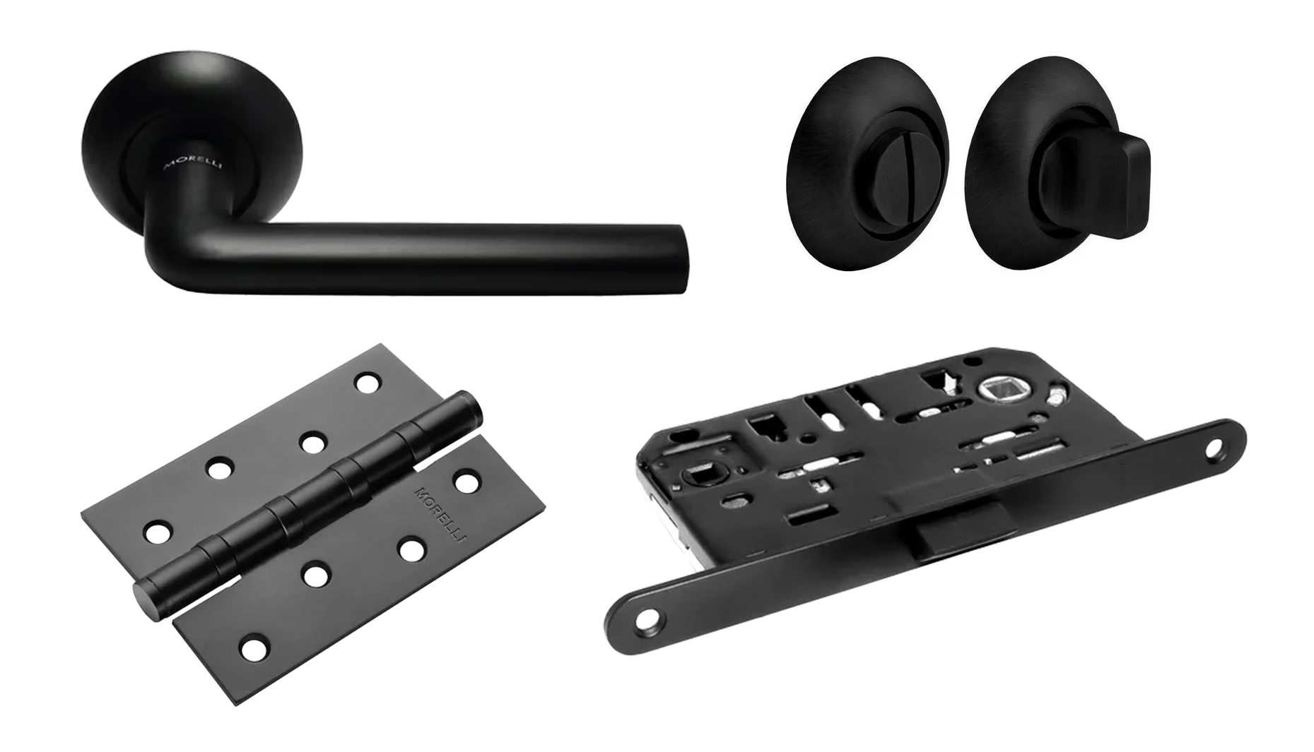 Door Handle Set MH-03 BL + WC knob MH-WC-S BL + 1895P BL Silent Latch + MSN 100X70X2.5-4BB BL Universal Mortise Hinges (2 pcs)