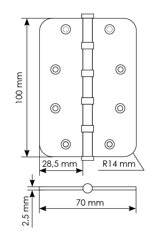 MSN-C 100X70X2.5-4BB SG steel hinge, rounded, universal, with bearing, for door panels up to 40 kg, color - matte gold image buy in World